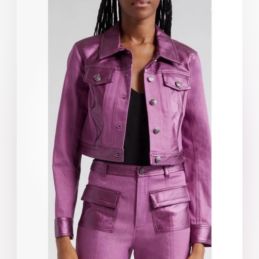 Cinq à Sept Metallic Regina Jacket Amethyst Purple Cropped XXS